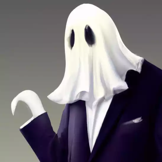 A ghost wearing a dark purple suit, in front of a grey background.