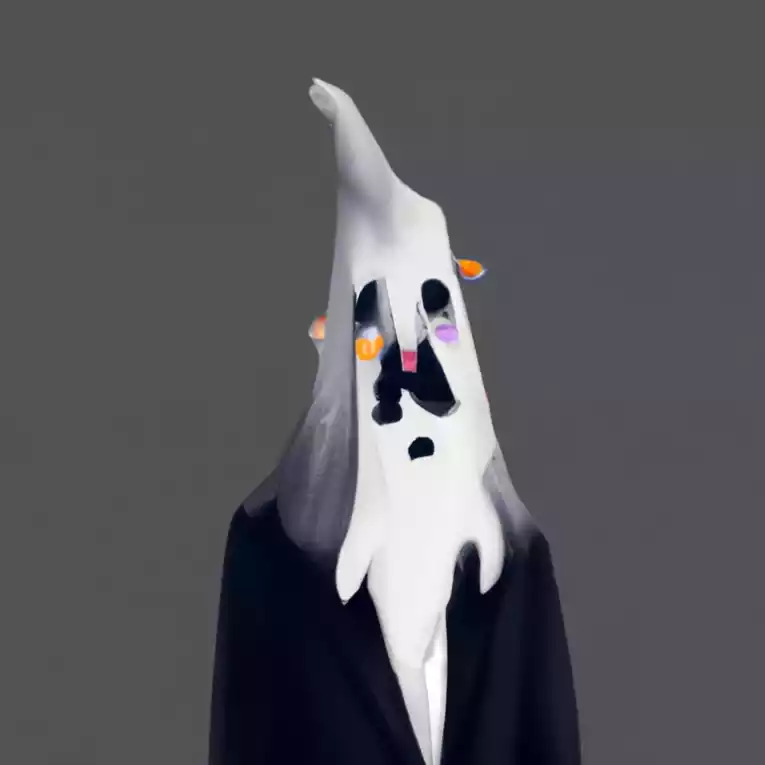 A ghost with a pointy head, purple and orange cheeks, dark moustache and white beard, in front of a grey background.