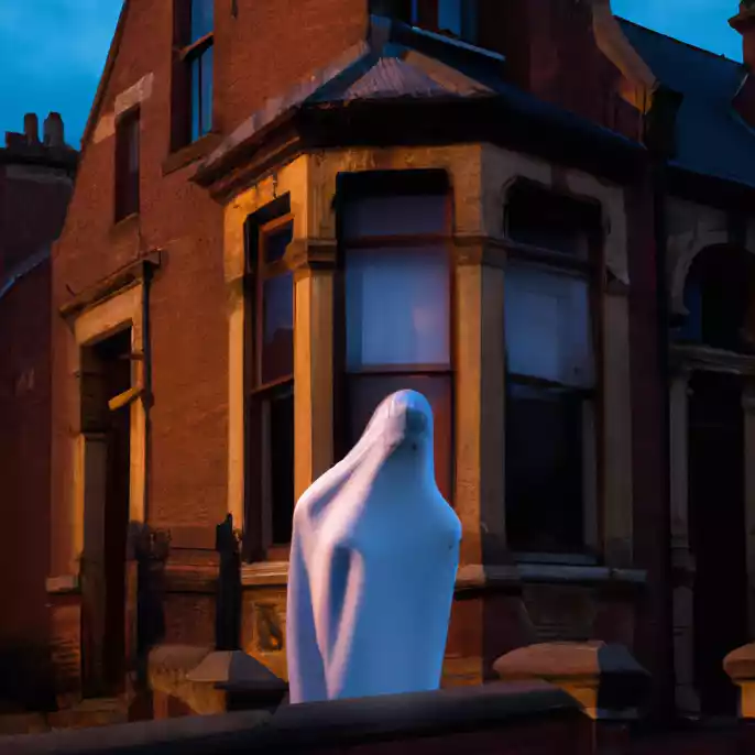 Image of a white ghost in front of a Victorian terraced home at dusk.