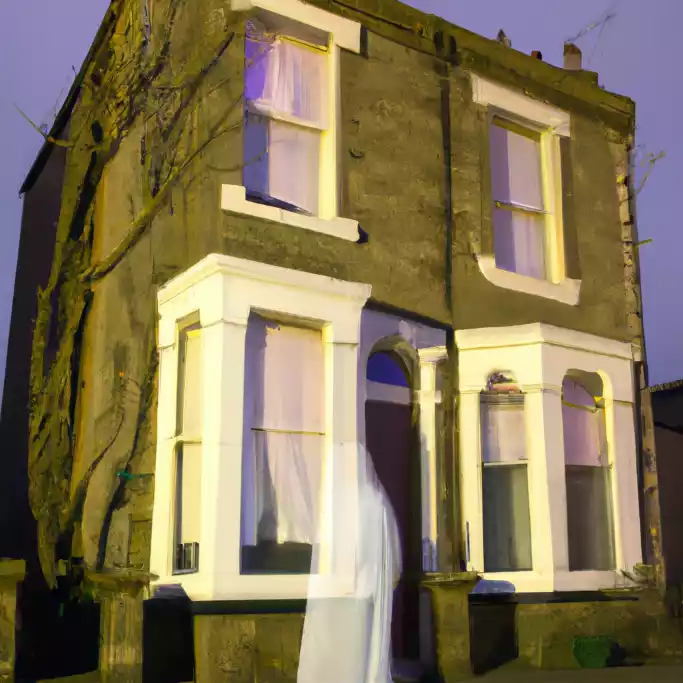 Image of a faint white ghost in front of an Edwardian terraced home, in front of a lavender sky.