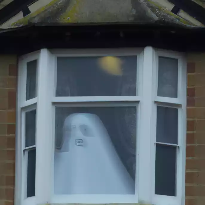 Image of a blurry ghost in the bay window of a brick house.